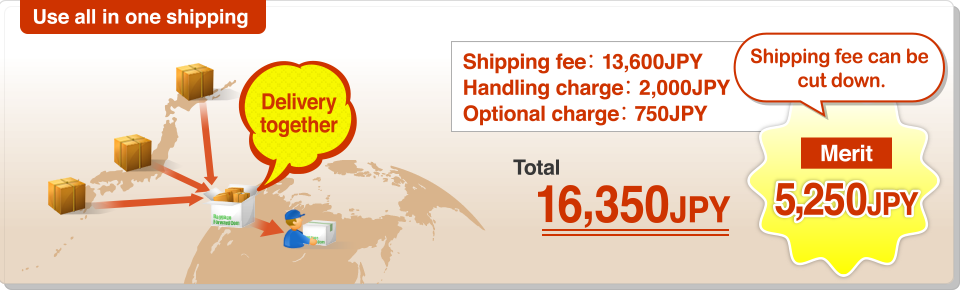 Use all in one shipping Shipping fee Handling charge Optional charge Total 16,350 JPY Shipping fee can be cut down  Merit 5,250JPY