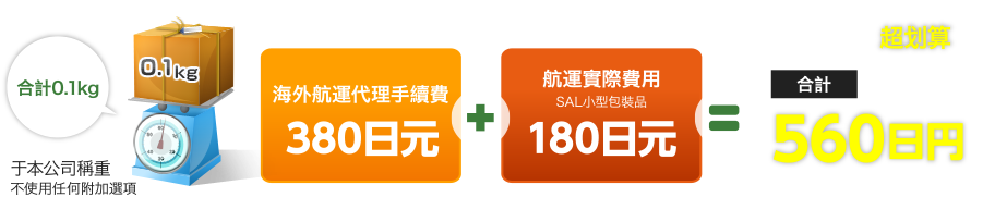 海外航運代理手續費380日元+航運實際費用SAL小型包裝品180日元　合計560日元　超划算
